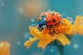 macro ladybug in water drops sits on a yellow flower with blurred bokeh background Royalty Free Stock Photo