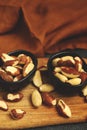 Macro. Large brazil nuts in a bowl. Peeled nuts
