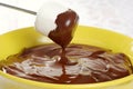 Macro marshmallow dipped in fondue chocolate