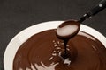 Macro of Melted milk or dark chocolate swirl in plate and spoon on concrete background Royalty Free Stock Photo