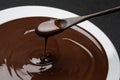 Macro of Melted milk or dark chocolate swirl in plate and spoon on concrete background Royalty Free Stock Photo