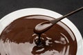 Macro of Melted milk or dark chocolate swirl in plate and spoon on concrete background Royalty Free Stock Photo