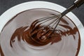 Macro of Melted milk or dark chocolate swirl in plate and whisk on concrete background Royalty Free Stock Photo