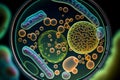 microscope view of microbes, virus cells and bacteria in petri dish. generative AI