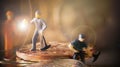 macro miner figures working on group of Bitcoin mining in deep golden cave. virtual cryptocurrency mining concept Royalty Free Stock Photo