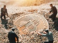 Macro miner figurines digging ground to uncover big shiny bitcoin