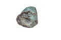 Macro mineral stone alexandrite bluish - green with fluorescent light on a white background