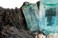 Macro mineral stone Aquamarine and black tourmaline, Schorl on a Royalty Free Stock Photo