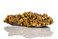 Macro mineral stone yellow Wulfenite on a white background
