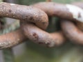 Macro of old rusty thick iron chain link, selective focus. connection or joinning concept Royalty Free Stock Photo