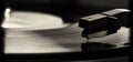 Macro of old vinyl record player in black and white Royalty Free Stock Photo