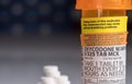 Macro of oxycodone opioid tablet bottle