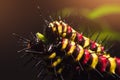 Macro of Painted Jezebel (Delias hyparete) caterpillars on their host plant leaf in nature