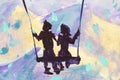 Macro painting fairy tale, abstraction male and girl ride on swing. mountains in background. illustration to book