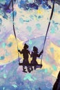 Macro painting fairy tale, abstraction male and girl ride on swing. mountains in background. illustration to book Royalty Free Stock Photo