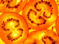 Macro pattern of ripe back lit tamarillo slices