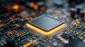 Macro perspective of a glowing central processing unit with illuminated circuitry on a futuristic motherboard showcasing advanced Royalty Free Stock Photo