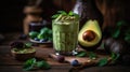 Macro Photo Avocado Smoothie On Stone Rustic Pub. Generative AI Royalty Free Stock Photo