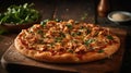 Macro Photo Bbq Chicken Pizza On Stone Rustic Pub. Generative AI Royalty Free Stock Photo
