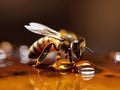 Macro photo of a bee on a drop of honey. golden lighting. National Honey Bee Day.