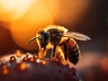 Macro photo of a bee on a drop of honey. golden lighting. National Honey Bee Day.