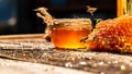 Macro photo of a bee hive on a honeycomb. Bees produce fresh, healthy, honey. Honey background. Beekeeping concept. Long banner