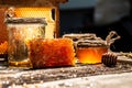 Macro photo of a bee hive on a honeycomb. Bees produce fresh, healthy, honey. Honey background. Beekeeping concept. Long banner Royalty Free Stock Photo