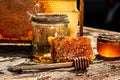 Macro photo of a bee hive on a honeycomb. Bees produce fresh, healthy, honey. Honey background. Beekeeping concept. Long banner Royalty Free Stock Photo