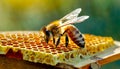 Macro photo of a bee hive on a honeycomb with copyspace. Bees produce fresh, healthy, honey Royalty Free Stock Photo