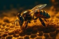 Macro photo of a bee hive on a honeycomb with copyspace. Bees produce fresh, healthy, honey. Beekeeping concept