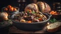 Macro Photo Beef Bourguignon On Stone Rustic Pub. Generative AI Royalty Free Stock Photo