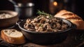 Macro Photo Beef Stroganoff On Stone Rustic Pub. Generative AI Royalty Free Stock Photo
