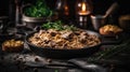 Macro Photo Beef Stroganoff On Stone Rustic Pub. Generative AI Royalty Free Stock Photo