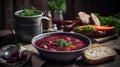 Macro Photo Borscht Beet Soup On Stone Rustic Pub Ukrainian Dishes. Generative AI