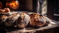 Macro Photo Breads On Stone Rustic Pub. Generative AI Royalty Free Stock Photo