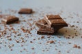 Macro photo of Broken pieces Chocolate bar. Dark chocolate stack with brown powder on a stone background with copy space Royalty Free Stock Photo