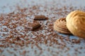 Macro photo of Broken pieces Chocolate bar and cookie. Dark chocolate stack with brown on a stone background with copy space Royalty Free Stock Photo