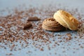 Macro photo of Broken pieces Chocolate bar and cookie. Dark chocolate stack with brown on a stone background with copy space Royalty Free Stock Photo