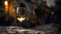 Macro Photo Chardonnay Wine On Stone Rustic Pub. Generative AI