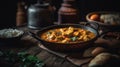 Macro Photo Chicken Curry On Stone Rustic Pub. Generative AI Royalty Free Stock Photo