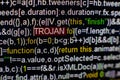 Macro photo of computer screen with program source code and highlighted TROJAN inscription in the middle. Script on the Royalty Free Stock Photo