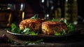 Macro Photo Crab Cakes On Stone Rustic Pub. Generative AI Royalty Free Stock Photo