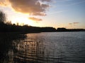 Macro photo with a decorative background of sunlight beautiful evening landscape on a rural natural lake at sunset Royalty Free Stock Photo