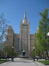 macro photo with a decorative background of an urban landscape with a historic high-rise building in a European city for design