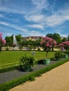Macro photo with decorative landscape background of European Park design for landscaping