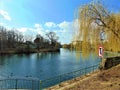 Macro photo with a decorative natural background of the spring landscape of the urban infrastructure of the embankment