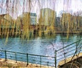 Macro photo with a decorative natural background of the spring landscape of the urban infrastructure of the embankment