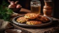 Macro Photo Deruny Potato Pancakes On Stone Rustic Pub Ukrainian Dishes. Generative AI