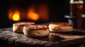 Macro Photo English Muffins On Stone Rustic Pub. Generative AI