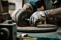 Macro photo of a factory worker grinding a cylindrical metal part with an abrasive wheel